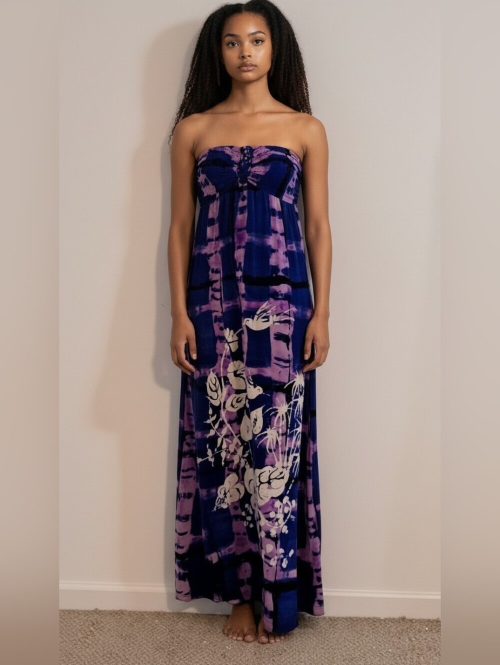 Alice & Trixie Strapless Purple & Cream Floral Tie-Dye BOHO Maxi Dress Size S